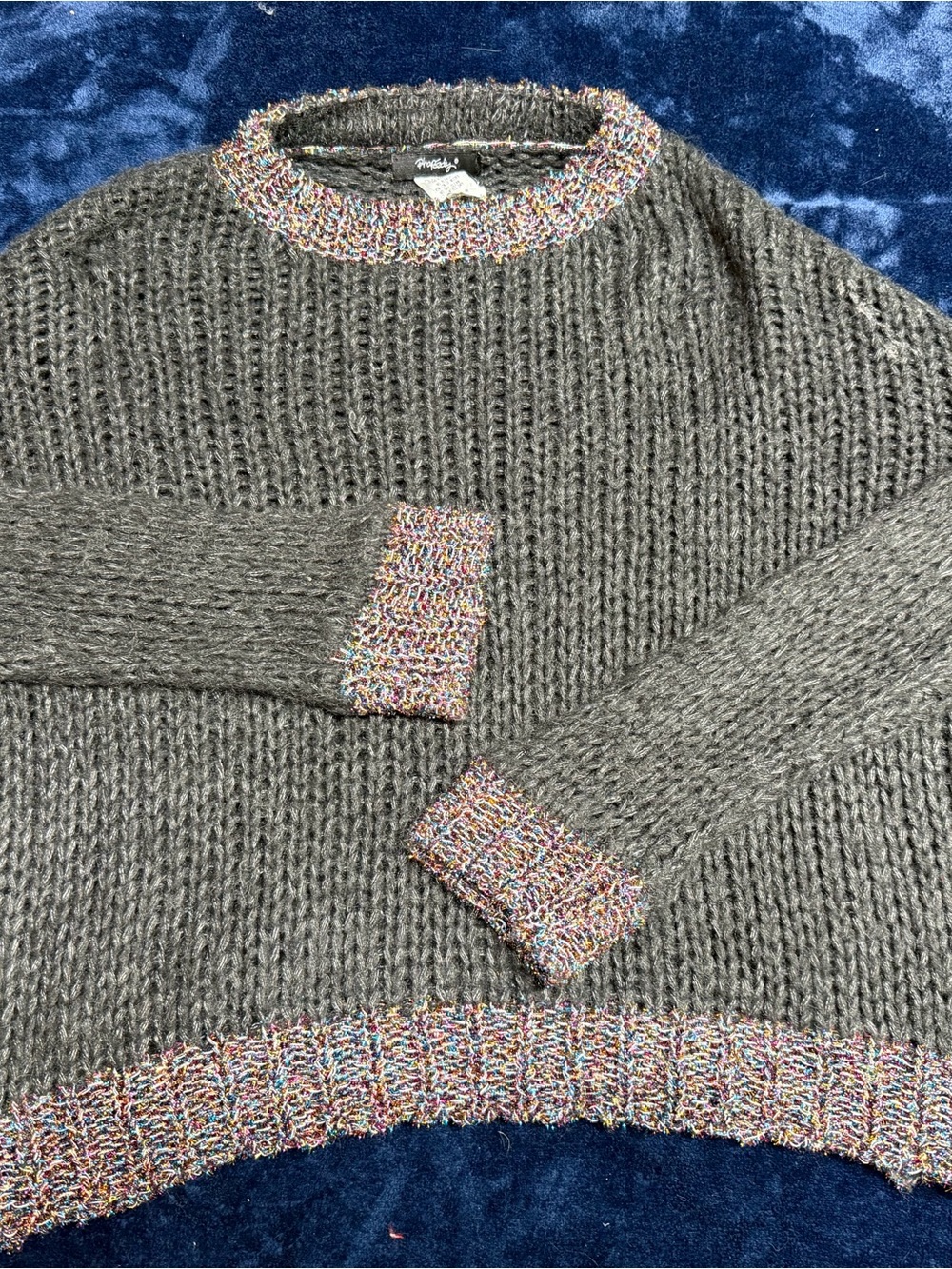 Vintage Y2K Gray Crewneck Sweater with rainbow sparkly trim